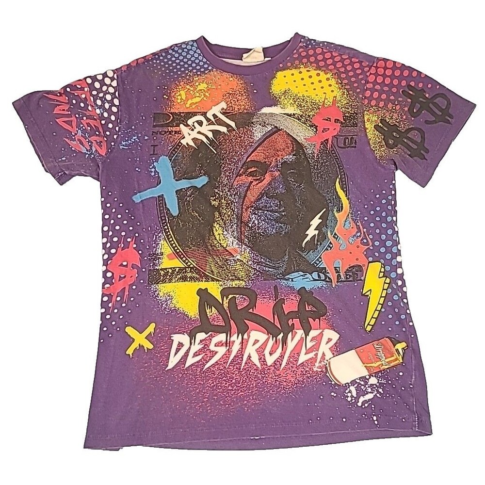 jeanius Akademiks Benjamin Franklin $100 bill graphics shirt Purple large